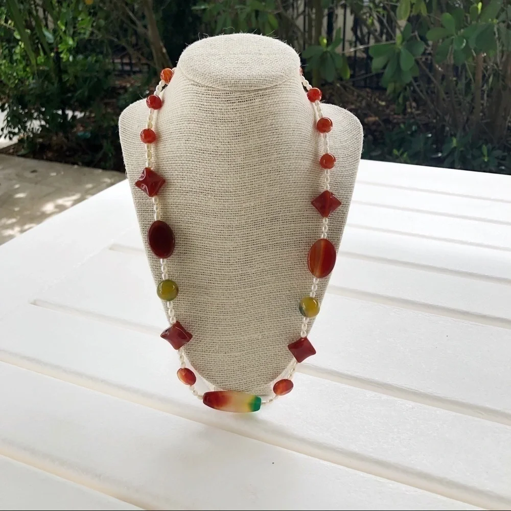 NWT Genuine Pearl, Agate & Carnelian Beaded Necklace